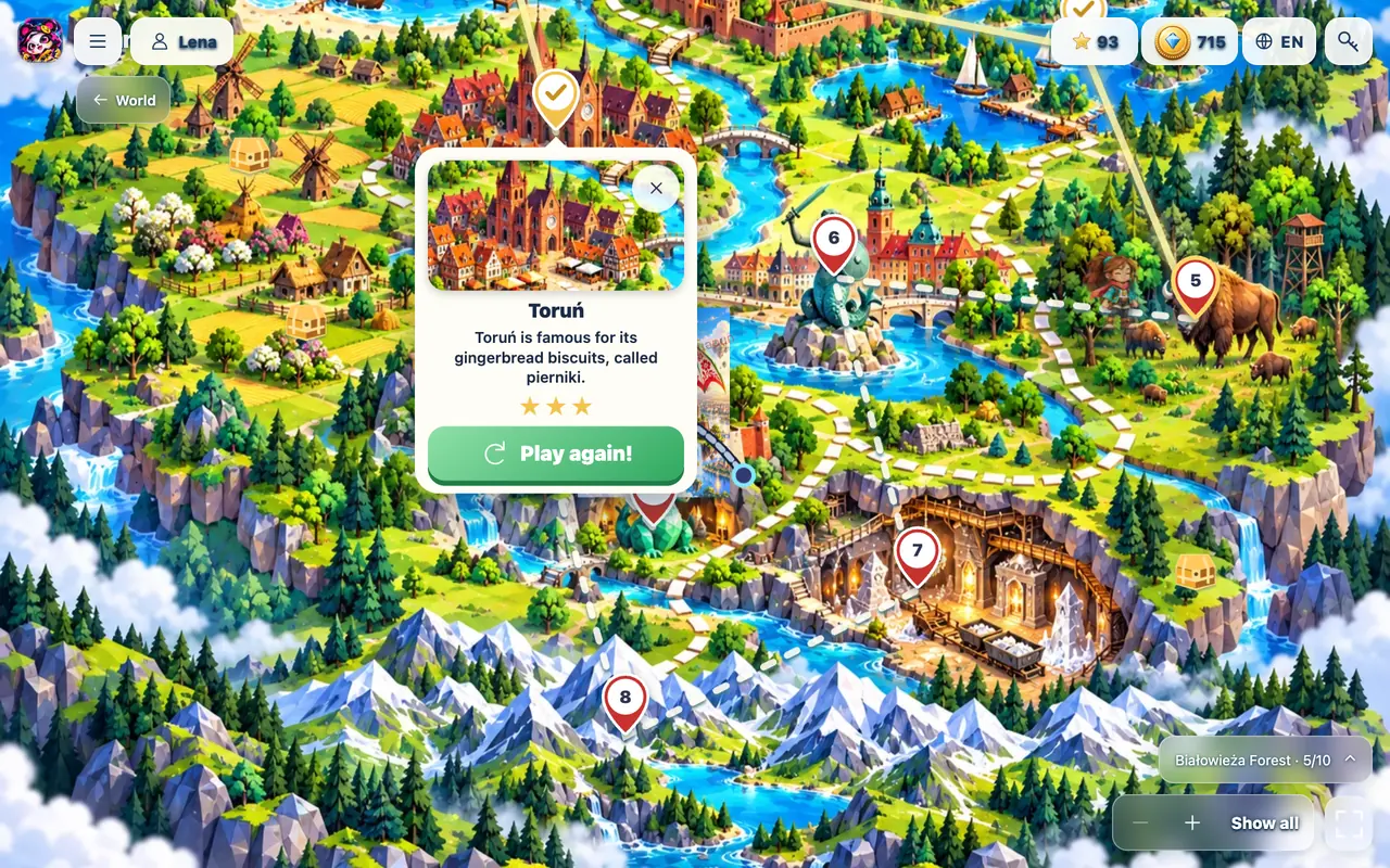 Every country has ten stops with real places and fun facts.